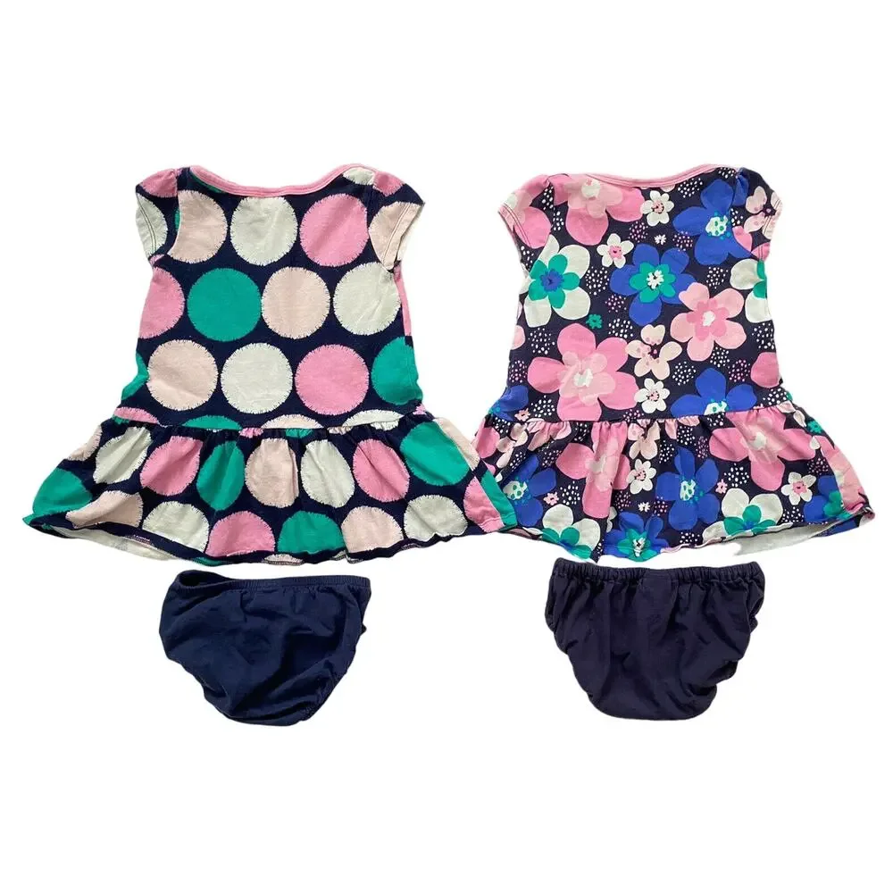 GYMBOREE Pink Blue Print Dress Set of 2 12-18 Months Floral Polka Dots